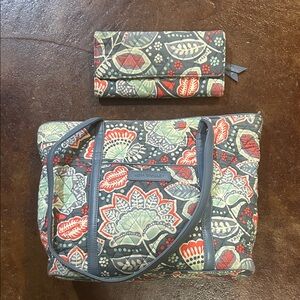 Vera Bradley Floral Tote and Wallet Set in Gray and Coral